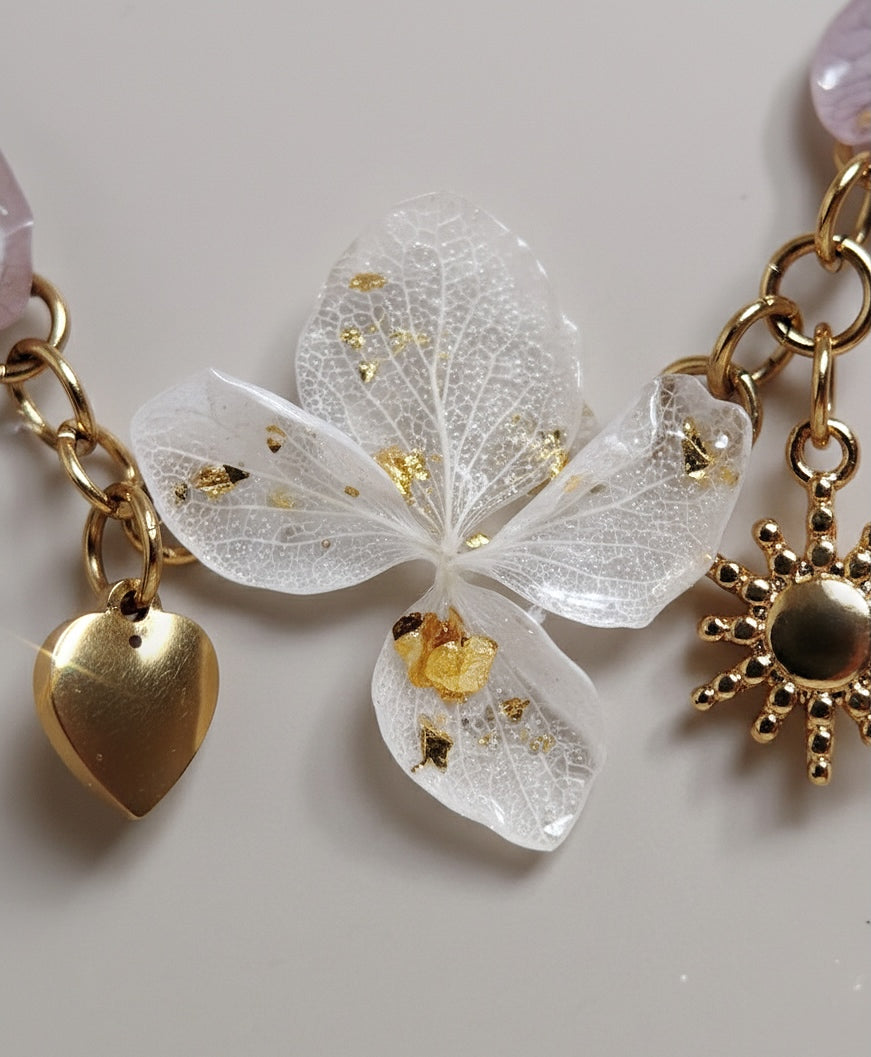 GARGANTILLA JARDÍN DE ENSUEÑO EN ACERO 316L PVD CON TRÍO DE HORTENSIAS