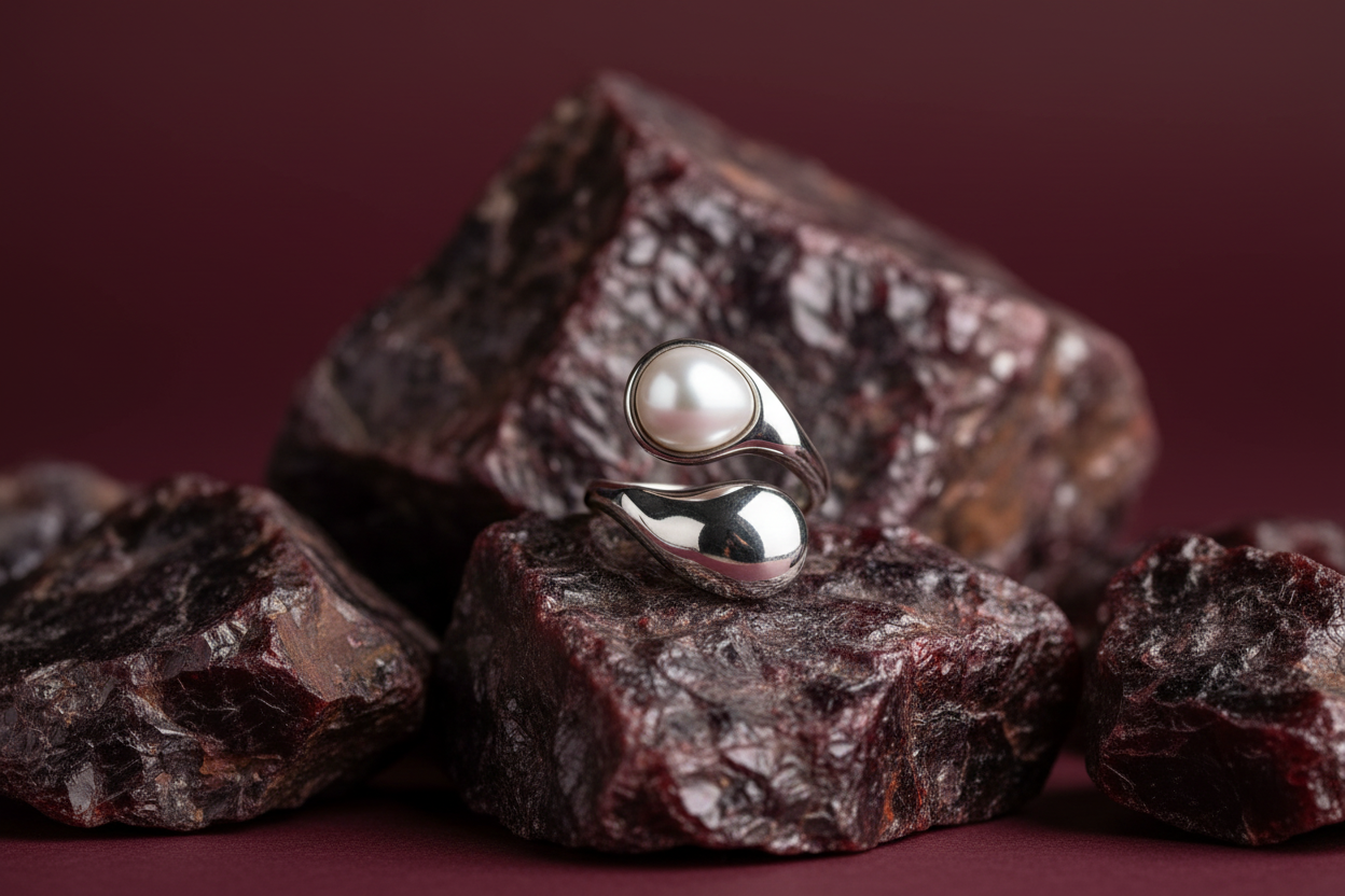 SORTIJA WRAP EN ACERO 316L CON PERLA Y DISEÑO ORGÁNICO COLOR PLATA