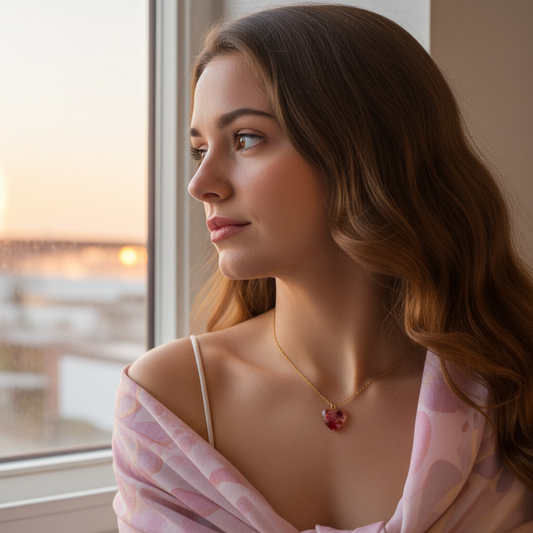 Collar Corazón "Amor Floral" | Dije Corazón con Flor Natural Rosa y Púrpura en Resina | Baño de Oro 18K