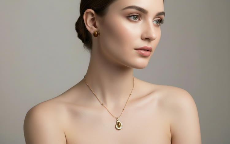 Modelo con collar y aretes dorados de bisutería fina MYKOANI, estilo exclusivo y elegante.