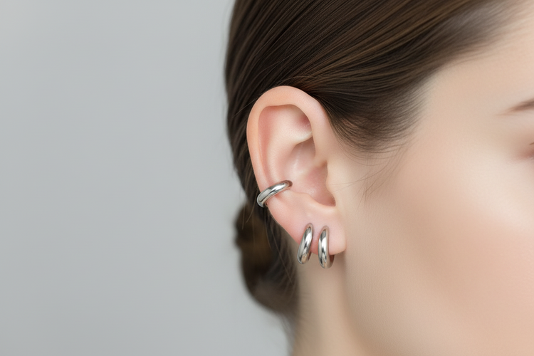 Pendientes de aro plateados de alta bisutería MYKOANI en oreja femenina, diseño elegante.