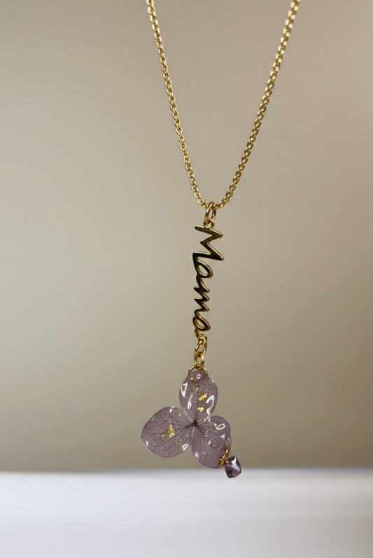 COLLAR MAMÁ ETERNA EN ACERO INOXIDABLE 316L CON HORTENSIA NATURAL