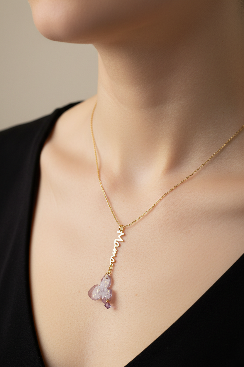 COLLAR MAMÁ ETERNA EN ACERO INOXIDABLE 316L CON HORTENSIA NATURAL