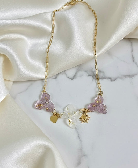 GARGANTILLA JARDÍN DE ENSUEÑO EN ACERO 316L PVD CON TRÍO DE HORTENSIAS