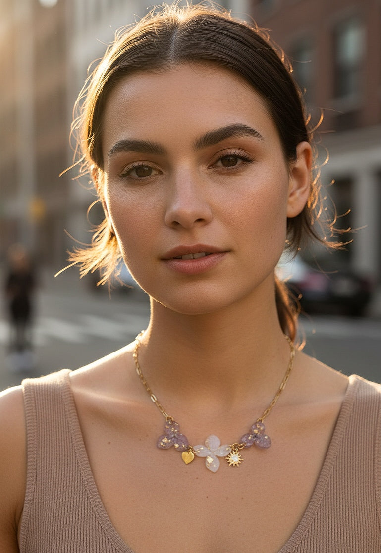 GARGANTILLA JARDÍN DE ENSUEÑO EN ACERO 316L PVD CON TRÍO DE HORTENSIAS