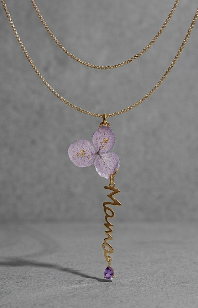 COLLAR MAMÁ ETERNA EN ACERO INOXIDABLE 316L CON HORTENSIA NATURAL