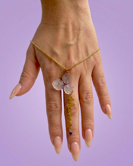 COLLAR MAMÁ ETERNA EN ACERO INOXIDABLE 316L CON HORTENSIA NATURAL