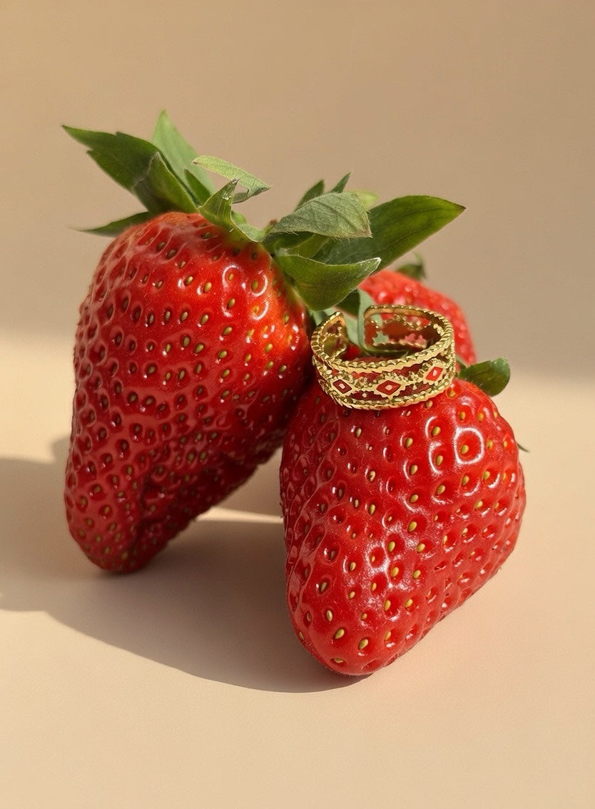 Anillo Ajustable "Rombos Esmaltados" en Acero Inoxidable 316L y Esmalte Rojo