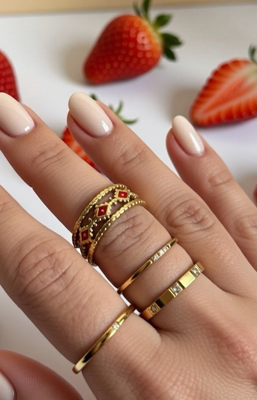 Anillo Ajustable "Rombos Esmaltados" en Acero Inoxidable 316L y Esmalte Rojo