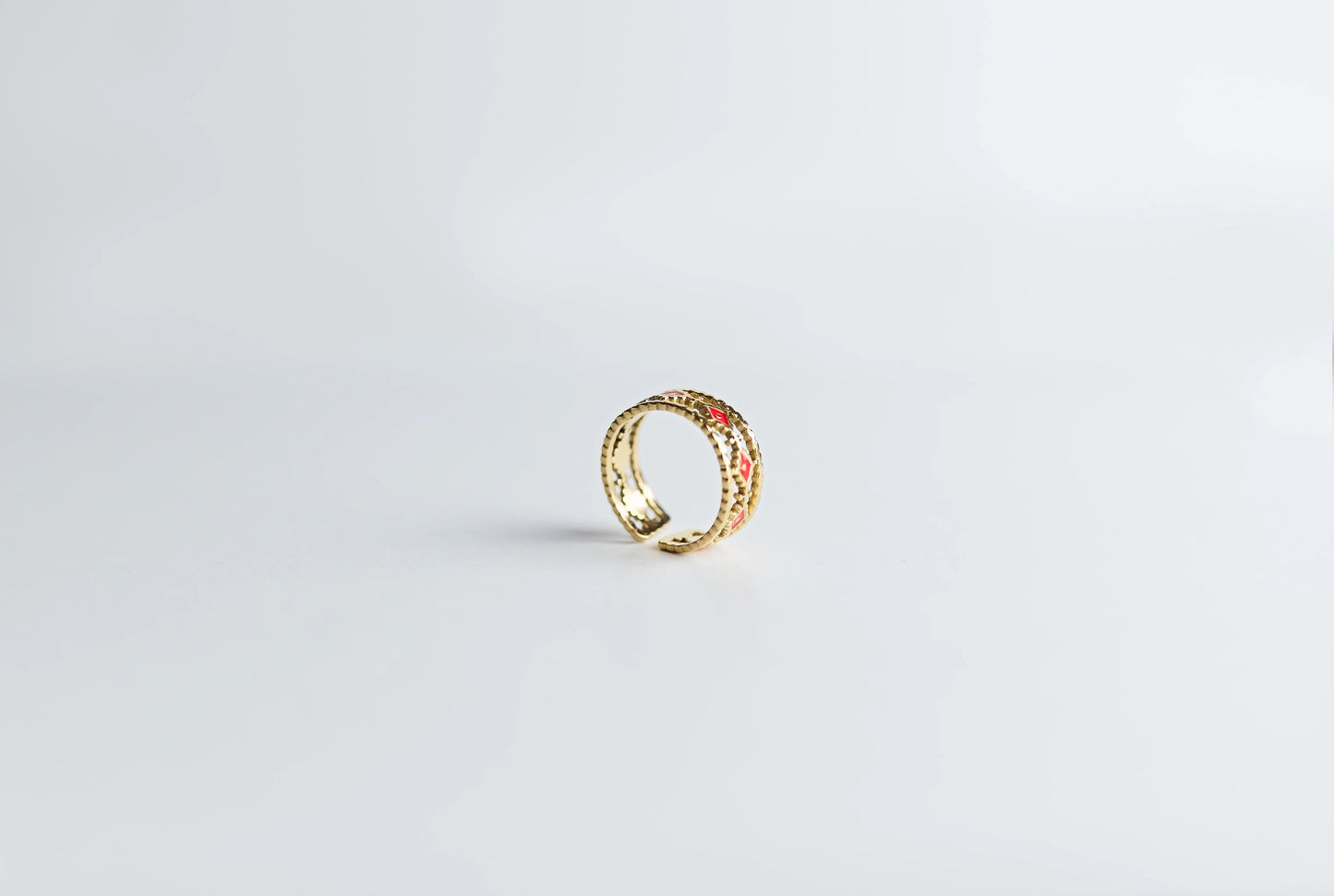 Anillo Ajustable "Rombos Esmaltados" en Acero Inoxidable 316L y Esmalte Rojo