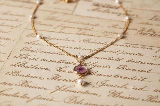 COLLAR DE ACERO INOXIDABLE CON FLOR NATURAL PANICULATA Y PERLAS