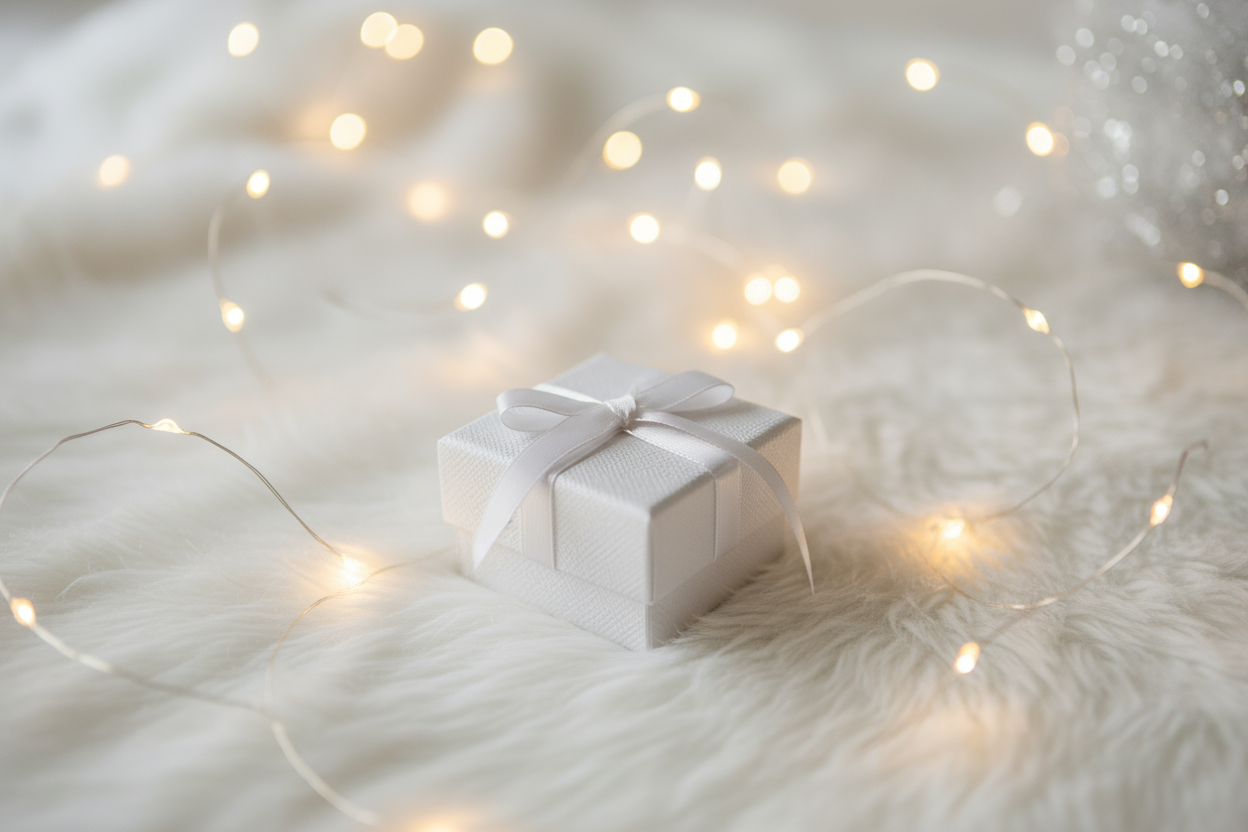 regalo de navidad pequeña caja de joyas todo blanco con luces navideñas